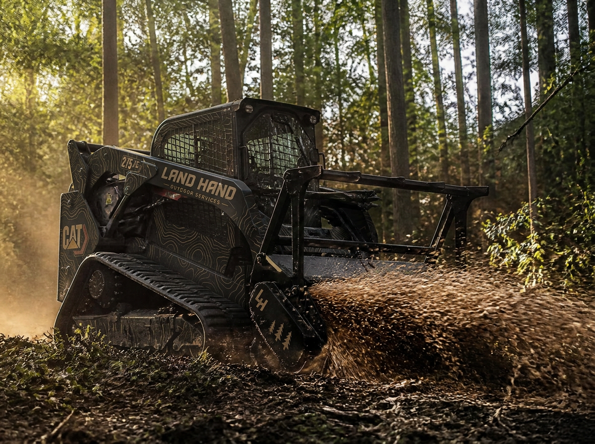 Matte black CAT 275 XE with HM418 forestry mulching head clearing dense hardwood brush